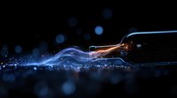Glowing electric spark with blue light wave effect against dark background, dynamic energy visualization with bokeh lights and motion blur for technology concept.