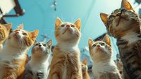 Group of ginger and white cats looking up with curiosity against blue background, capturing attention-grabbing feline expressions in natural light.