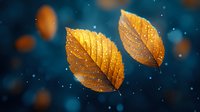 Golden autumn leaves with water drops floating against dark blue bokeh background, magical nature macro photography with glowing particles and morning dew.