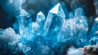 Luminous blue crystal clusters emerge from misty background, showcasing natural mineral formation with ethereal glow and dramatic lighting effects.