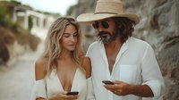 Mature couple in white summer outfits checking smartphones on beach path, man with straw hat and sunglasses, woman with off-shoulder dress.