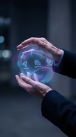 Businessman hands protecting glowing digital sphere with technology icons representing innovation, communication and settings in futuristic business environment.