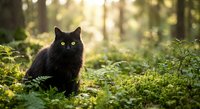 Black cat sitting in enchanted forest with golden sunlight filtering through trees, surrounded by lush green moss and foliage creating magical woodland atmosphere.