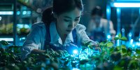 Young Asian female scientist examining plants in modern hydroponic laboratory with blue LED grow lights, perfect for agriculture and biotechnology concepts.