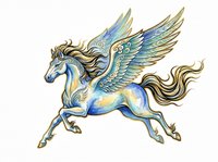 Winged horse pegasus with blue and gold coloring, isolated on transparent background, ready for t-shirt design, clipart, stickers, sublimation and print-on-demand projects.