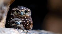 Spotted owlet pair peeking from tree hollow nest, close-up view showing detailed feather patterns and bright yellow eyes against dark background.