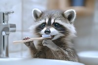 Curious raccoon holding toothbrush at bathroom sink with faucet, humorous wildlife scene for advertising, greeting cards, and children's content.
