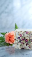 Handmade soap bar with dried rose petals and botanical herbs, displayed with fresh coral rose and green fern on marble surface for natural skincare and wellness product marketing.
