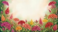 Watercolor floral border with vibrant celosia and marigold blooms in pink, red, orange framing a soft cream background for cards or banners.