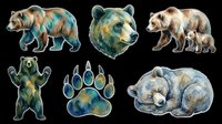 Watercolor bears collection featuring standing, walking, and resting poses with paw prints, isolated on transparent background. Ready for t-shirt designs, clipart, stickers, sublimation, and print-on-demand products.