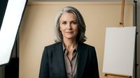 Middle-aged woman with shoulder-length gray hair, Caucasian ethnicity, wearing dark blazer over gray shirt in professional studio setting with lighting equipment and easel backdrop.