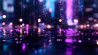 Glowing purple and blue bokeh lights reflected on wet surface creating magical nighttime atmosphere with sparkling rain drops and luminous effects.