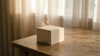Elegant white gift box with golden ribbon on rustic wooden table in soft natural sunlight streaming through sheer curtains creating warm atmosphere.