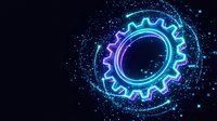 Futuristic neon gear wheel with glowing blue and purple lights on dark background with particles for technology and engineering concepts.