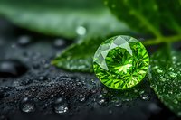 Green round cut gemstone on wet leaf with water drops against dark background, luxury jewelry concept for natural precious stone presentation.