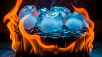 Ice cubes melting surrounded by dramatic orange flames creating striking contrast between fire and water elements for creative projects.