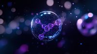 Glowing digital Earth sphere with connected network points and purple bokeh lights floating in dark space, representing global connectivity and technology advancement.