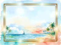Tropical beach scene with sailboat, palm trees, and golden frame border on watercolor background, suitable for travel, vacation, and summer design projects.