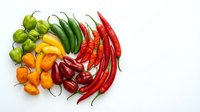 Colorful assortment of fresh chili peppers arranged in circular pattern on white background, featuring green, yellow, orange and red varieties for cooking.
