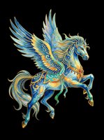 Ornate blue and gold Pegasus with spread wings, isolated on transparent background. Great for stickers, t-shirt design, print on demand, and sublimation crafts.