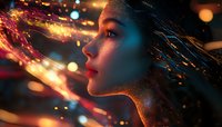 Profile view of young Asian woman with glowing skin amid swirling lights and magical energy effects, dramatic neon lighting creates mystical atmosphere.