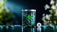 Medical capsules and pills in transparent container with green cross symbol on dark background with scattered medicine and blurred flowers.