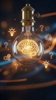 Vintage light bulb with glowing brain filament surrounded by innovation icons representing creativity, ideas, and problem-solving in modern workspace.