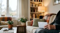 Mature woman with dark skin wearing black sweater holding tablet while sitting on sofa in modern living room with warm lighting, bookshelf, and potted plants for remote work and lifestyle content.