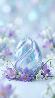 Iridescent Easter egg with purple and white swirl pattern surrounded by spring snowdrops and crocuses on soft blurred floral background. Perfect for holiday greeting cards and seasonal designs.
