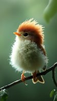 Fluffy baby bird with orange crest perched on branch against soft green background, displaying delicate white downy feathers and bright orange beak in gentle lighting.