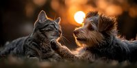 Adorable tabby cat and small terrier dog sharing tender moment during golden hour sunset, showcasing interspecies friendship and companionship outdoors.