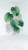 Tropical monstera leaves botanical illustration with green and outline elements on white background for modern interior design and home decor projects.