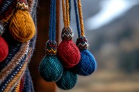 Colorful yarn tassels with intricate woven patterns in red, blue, and yellow hanging as decorative elements against blurred background. Traditional textile craft detail.