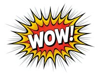 Comic book style WOW explosion burst with red yellow colors and radiating lines for pop art designs and retro advertising materials.
