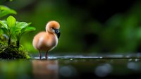 Adorable baby swan cygnet with fluffy brown feathers standing in shallow water against green foliage background, soft bokeh nature photography.