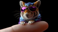 Smiling hamster wearing pink sunglasses and sparkly blue scarf sitting on finger against black background. Cute pet portrait for social media and greeting cards.