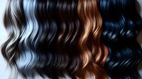 Wavy hair strands in different colors - silver gray, chocolate brown and deep black arranged in parallel showing texture and shine for beauty and fashion industry.