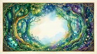 Enchanted forest portal with mystical trees forming magical gateway surrounded by glowing orbs and celestial elements for fantasy artwork and storytelling designs.
