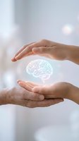 Protective hands surrounding glowing brain hologram symbolizing mental health care, neurological protection, and cognitive wellness in healthcare concept.