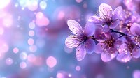 Delicate pink cherry blossoms with water drops against dreamy purple bokeh background, creating magical spring atmosphere for romantic and nature designs.