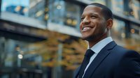 Young African American businessman smiling confidently outside modern office building with blurred urban background and bokeh lights, wearing navy suit and tie.
