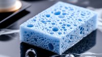 Blue cleaning sponge with soap bubbles and water drops on reflective dark surface, showing texture and foam structure in macro photography detail.