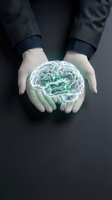 Businessman hands holding glowing green brain hologram representing artificial intelligence, mental health, neuroscience and innovative thinking concepts.