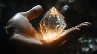Glowing crystal quartz point floating above open palm with magical light and smoke effects, mystical energy concept for spiritual and healing practices.
