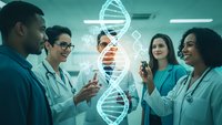 Diverse medical team of doctors and researchers examining holographic DNA double helix structure in modern laboratory for genetic research and biotechnology.