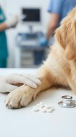 Golden retriever dog receiving veterinary care with human hand on paw, pills and stethoscope on examination table in clinic setting.