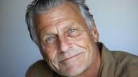 Confident mature Caucasian man with gray hair and blue eyes smiling warmly at camera against light background, expressing wisdom and life experience.