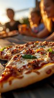 Freshly baked pizza with melted cheese and toppings in close-up, blurred group of diverse people enjoying outdoor meal at sunset, casual dining gathering.