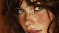 Close-up portrait of young Caucasian woman with freckles and wet brown hair covering part of face, natural beauty concept for skincare and cosmetics.