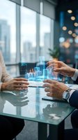 Business professionals analyzing a glowing holographic city model on a glass table in a modern office, showcasing smart urban planning and real estate innovation.